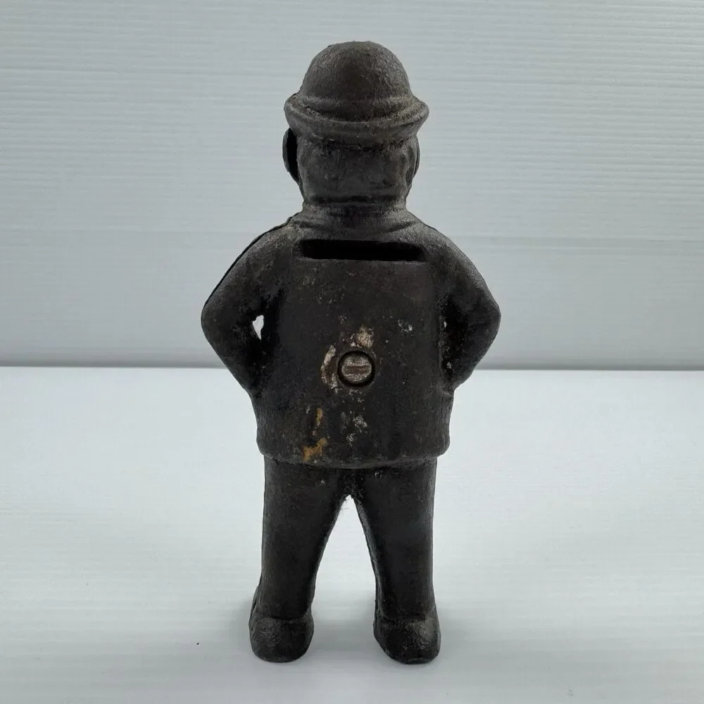 Antique Cast Iron Standing Man Still Coin Bank Suit Hat Vintage Figural